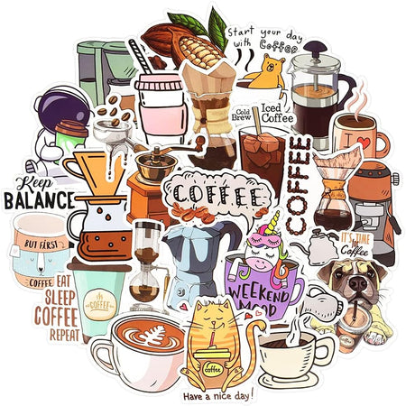 Coffee Stickers for Water Bottles Adults Coffee Stickers for Laptop Coffee Cup Stickers for Scrapbooking Coffee Vinyl Waterproof Stickers 50 Packs